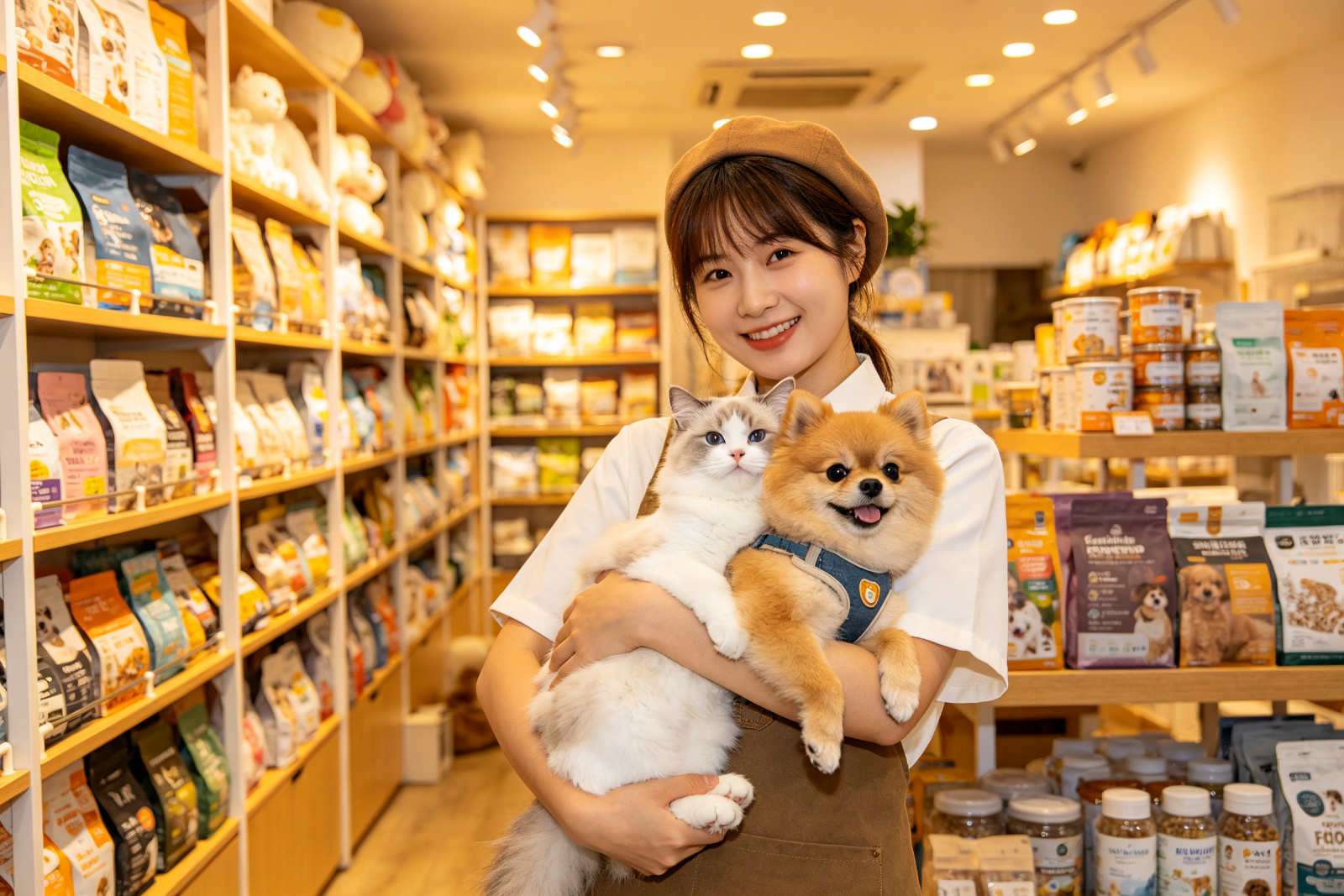 宠物店店员抱猫狗